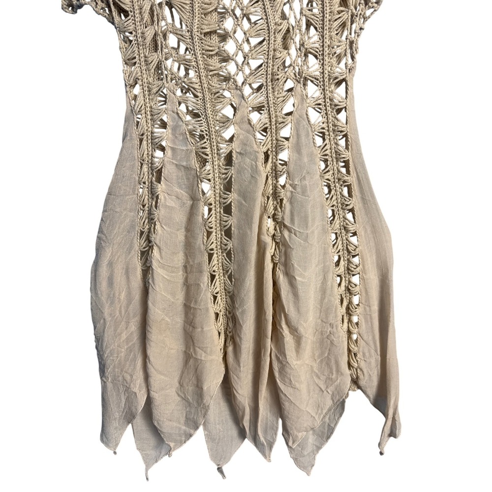 Boho Crochet Knit‎ Handkerchief Hem Tunic Top Tan Beige Fairycore Festival Small - Picture 4 of 5